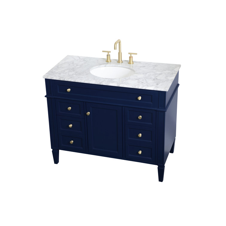 Blue Solid Wood MDF Marble Single Bathroom Vanity with Gold Hardware