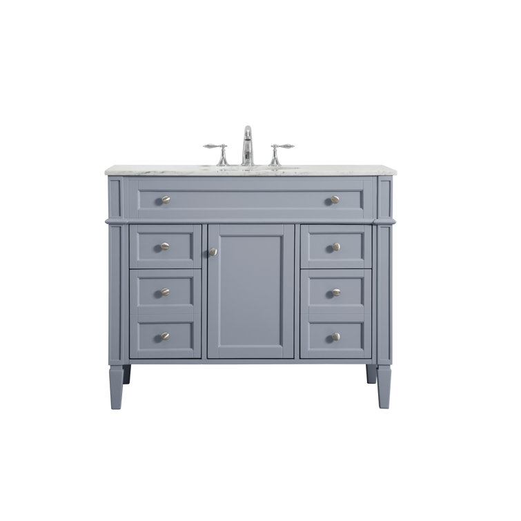 Gray Solid Wood and Marble Single Bathroom Vanity with Porcelain Sink