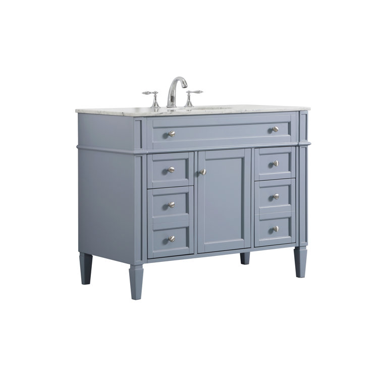 Gray Solid Wood and Marble Single Bathroom Vanity with Porcelain Sink