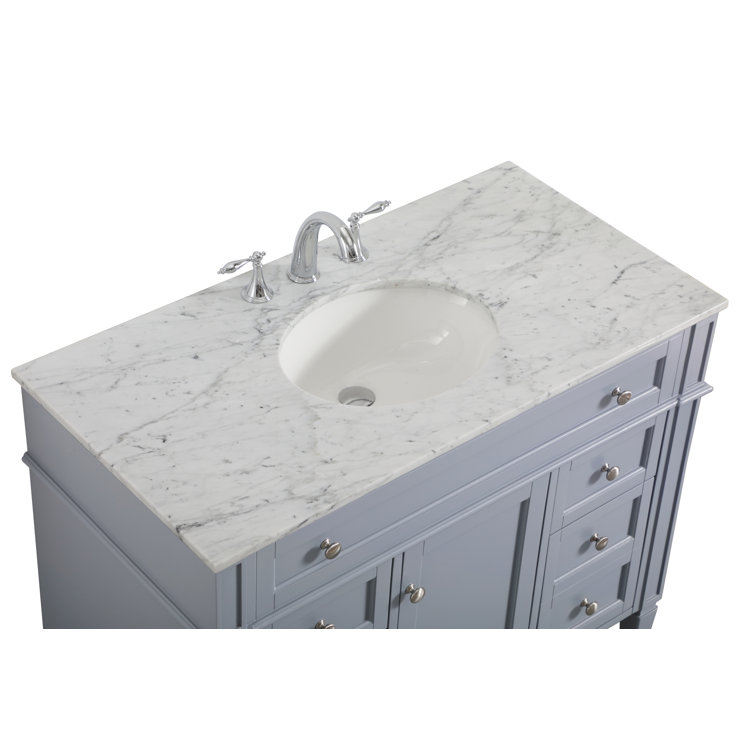 Gray Solid Wood and Marble Single Bathroom Vanity with Porcelain Sink