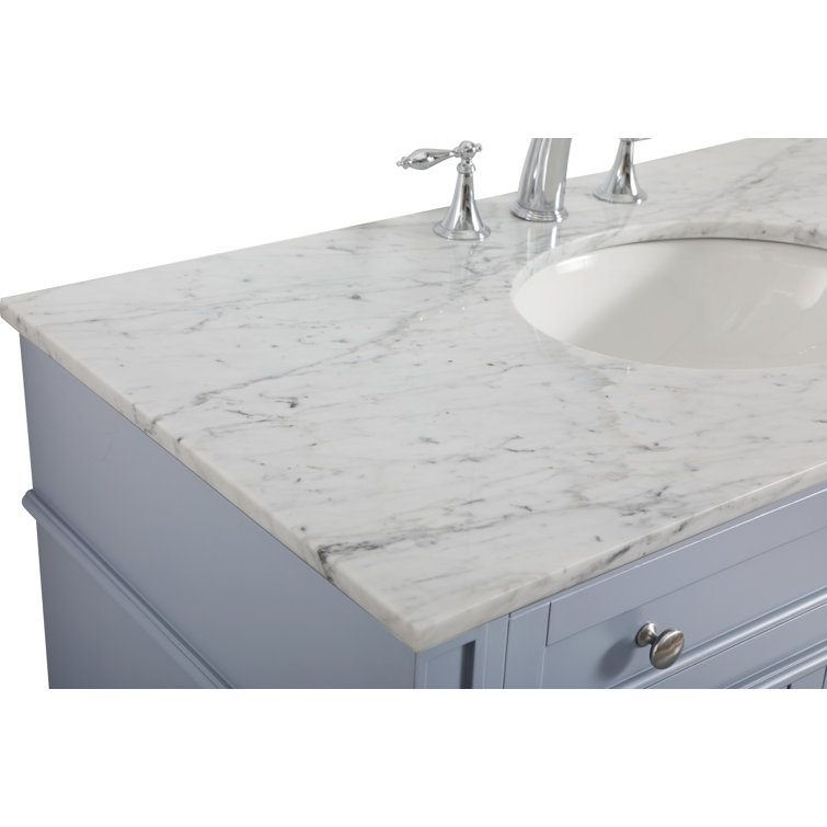 Gray Solid Wood and Marble Single Bathroom Vanity with Porcelain Sink