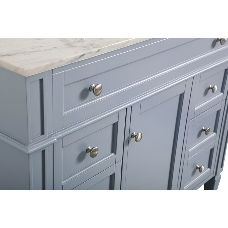 Gray Solid Wood and Marble Single Bathroom Vanity with Porcelain Sink