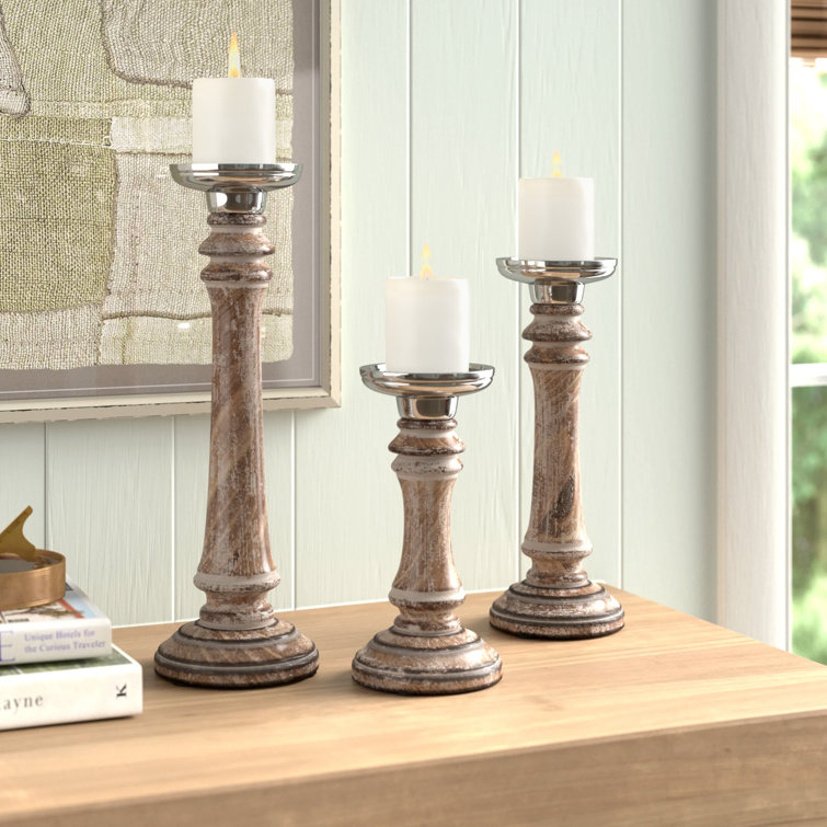 Elegant Mango Wood 9'' Traditional Candlestick Set in Brown