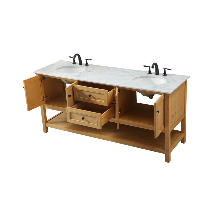 Natural Wood 72'' Double Bathroom Vanity with Carrara Marble Top