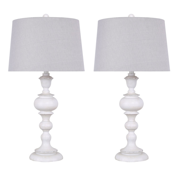 30" Distressed Off-White Polyresin Table Lamps with Gray Linen Shades, Set of 2