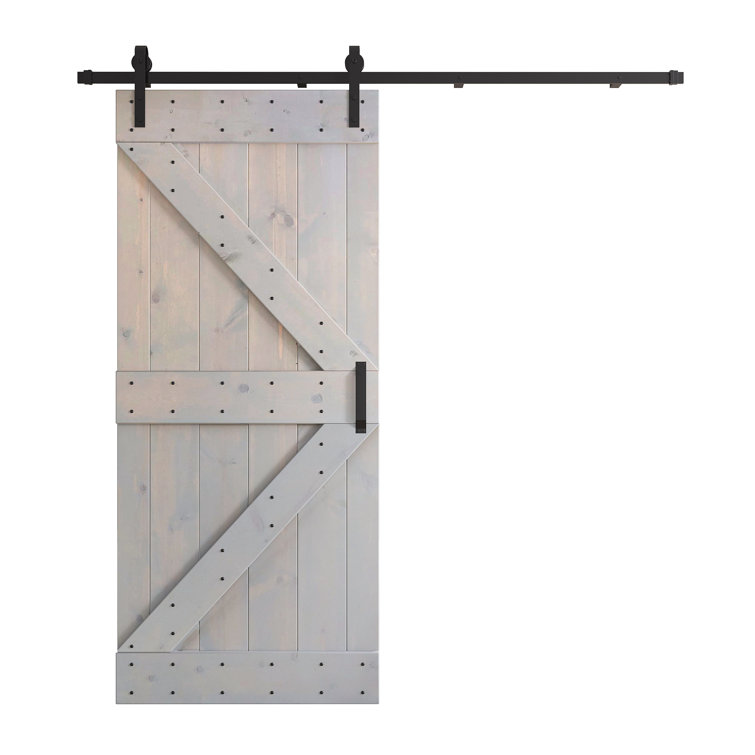 Light Grey Pine Wood Sliding Barn Door with Black Hardware Kit