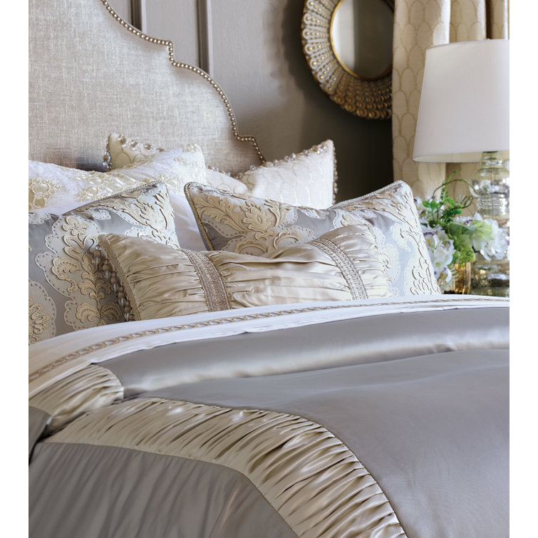 Ivory and Gray Cotton Blend Square Embroidered Throw Pillow