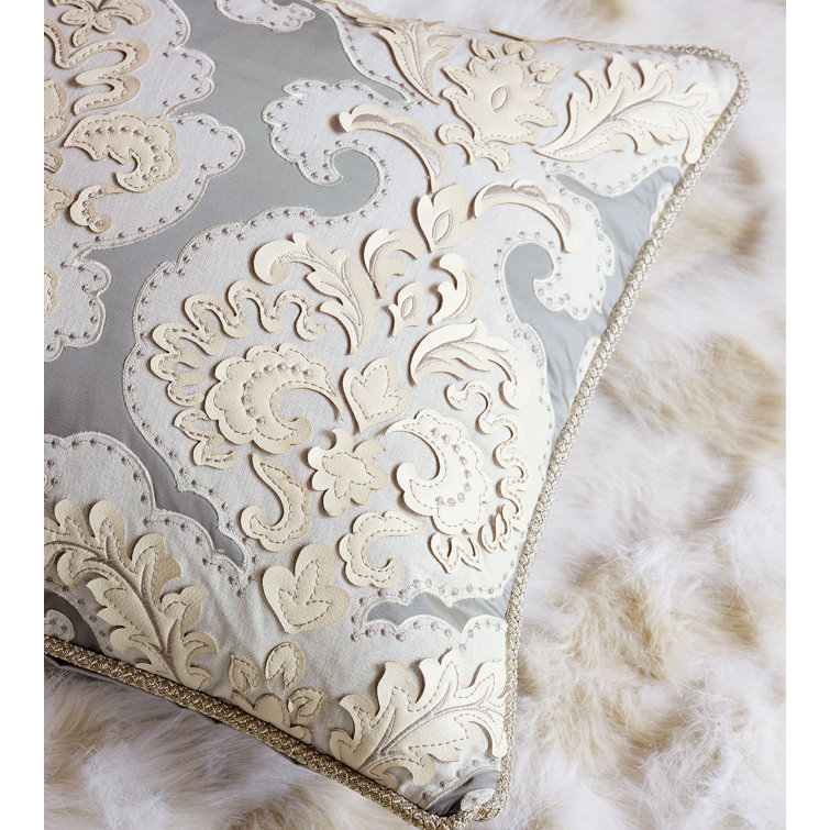 Ivory and Gray Cotton Blend Square Embroidered Throw Pillow