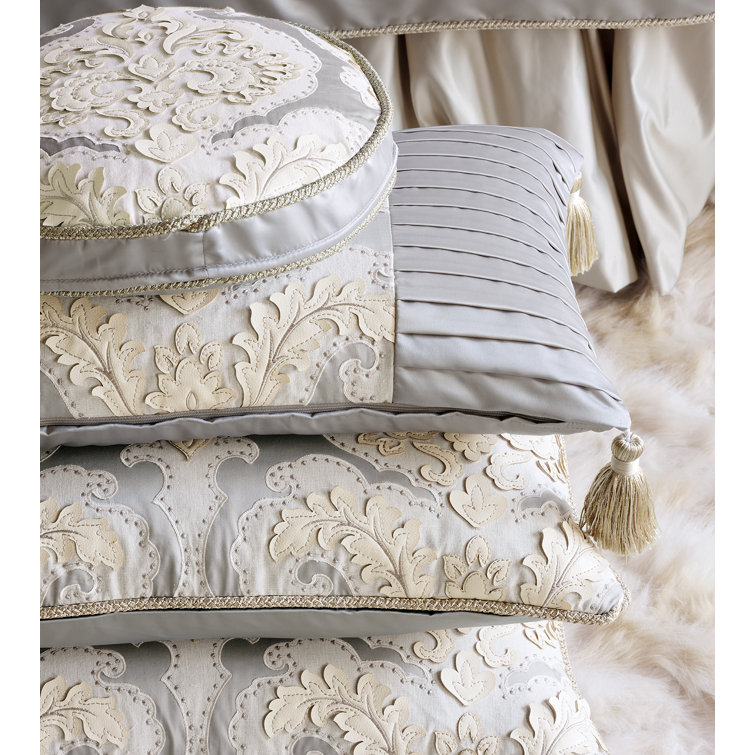 Ivory and Gray Cotton Blend Square Embroidered Throw Pillow