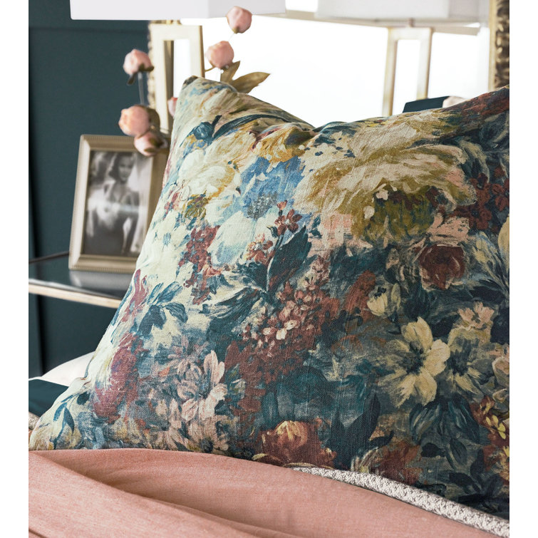 Jewel Toned Floral Linen Blend Square Throw Pillow