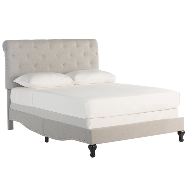 Transitional Beige Linen Full Platform Bed with Tufted Nailhead Headboard