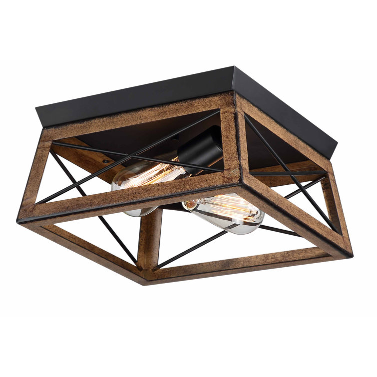 Brown Barnwood 2-Light Caged Flush Mount Ceiling Fixture
