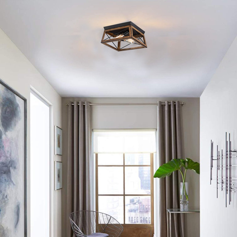 Brown Barnwood 2-Light Caged Flush Mount Ceiling Fixture