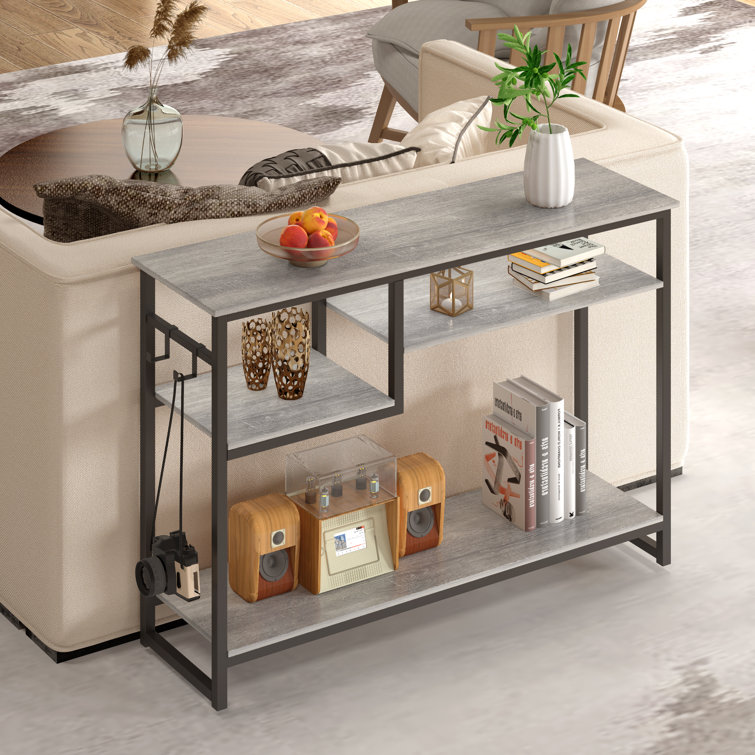 Gray Wood and Metal Console Table with Storage Shelves