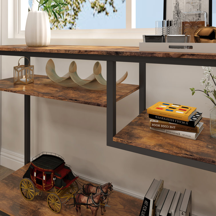 Rustic Brown Metal Console Table with 4-Tier Storage Shelves