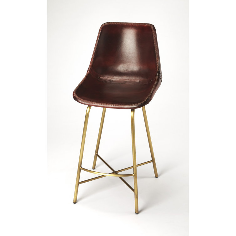 Vintage Brown Leather Bar Stool with Antique Gold Iron Base