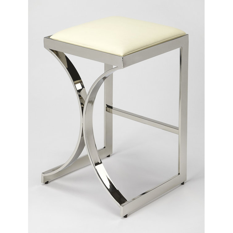 Contemporary Silver Plated Iron and Faux Leather Backless Counter Stool
