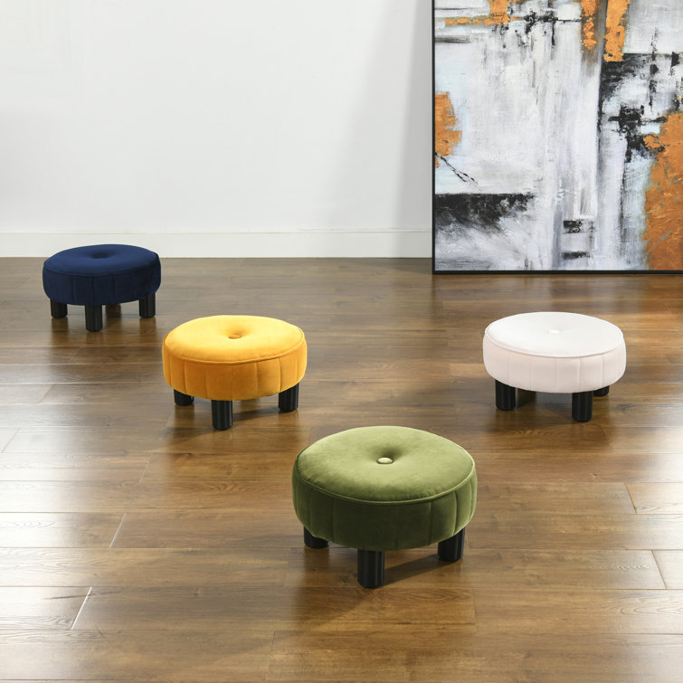 Tufted Olive Green Velvet Round Ottoman, 17"