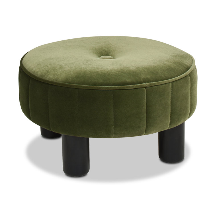 Tufted Olive Green Velvet Round Ottoman, 17"