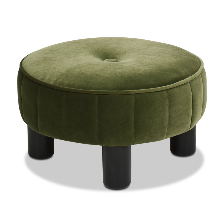 Tufted Olive Green Velvet Round Ottoman, 17"