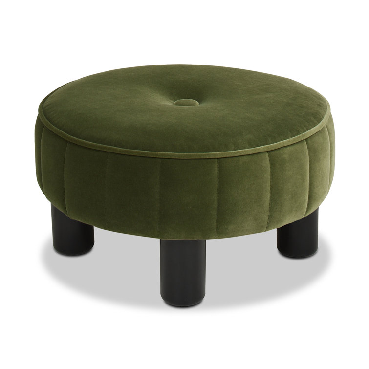 Tufted Olive Green Velvet Round Ottoman, 17"