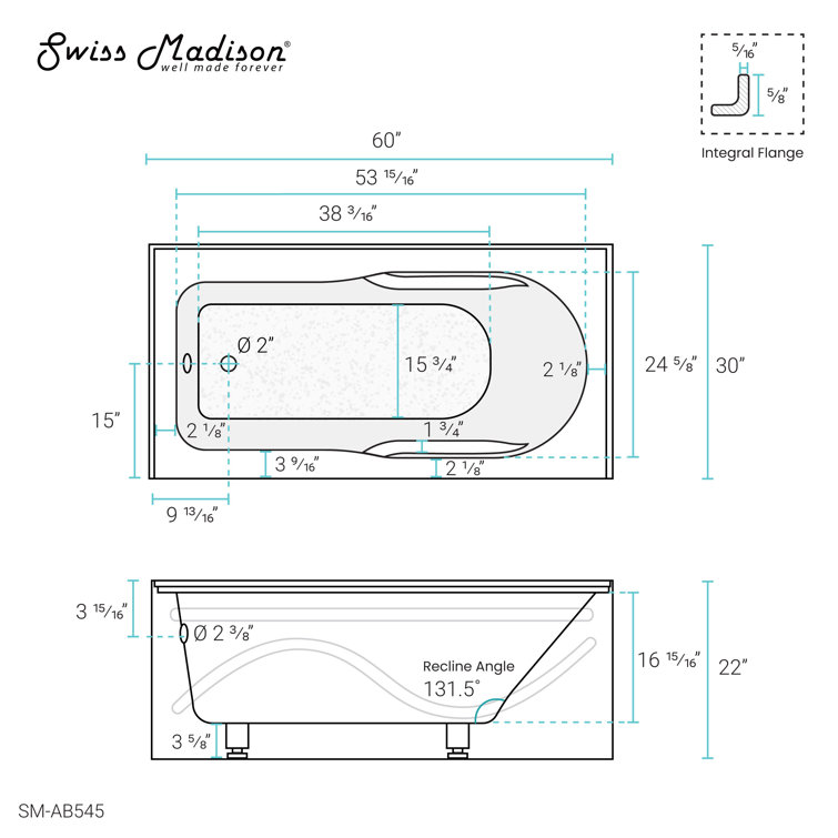 Ivy 60" x 30" White Acrylic Alcove Bathtub with Apron
