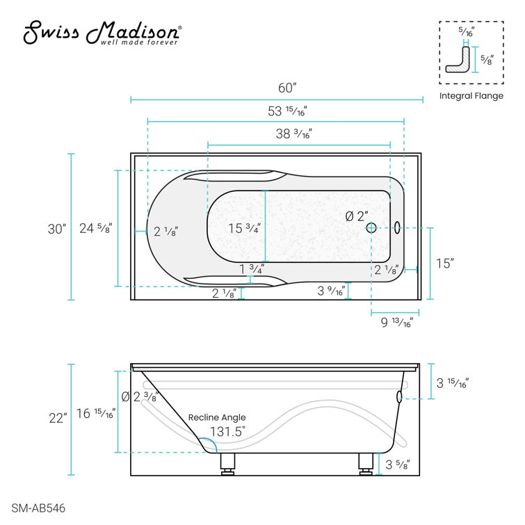 Ivy 60" x 30" White Acrylic Alcove Bathtub with Apron