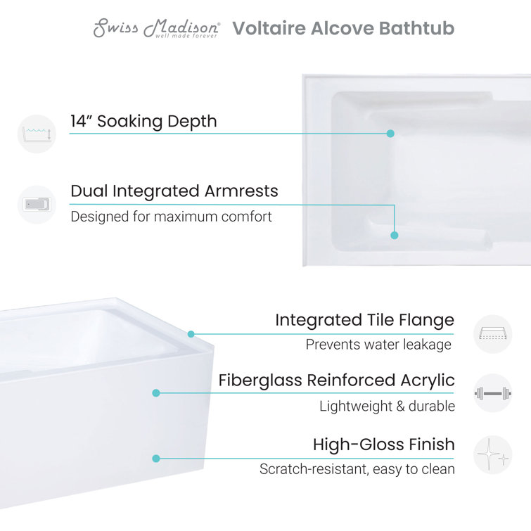 Voltaire 72" White Acrylic Alcove Bathtub with Apron and Armrest