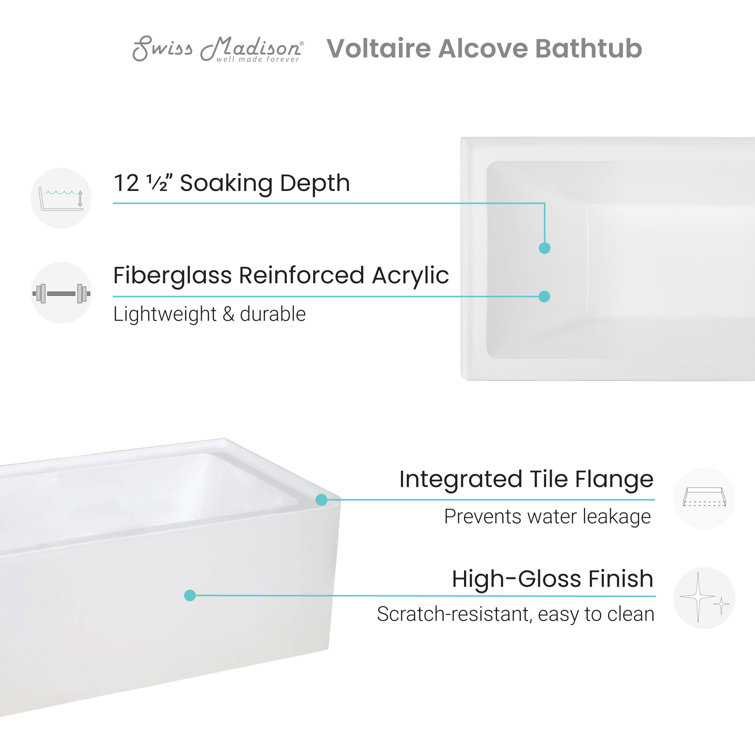 32" White Acrylic Alcove Bathtub with Apron