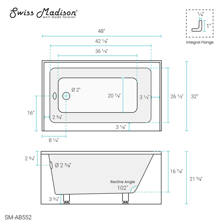 32" White Acrylic Alcove Bathtub with Apron