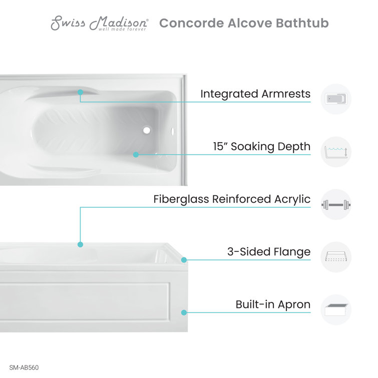 Concorde 60" Glossy White Acrylic Alcove Bathtub with Apron