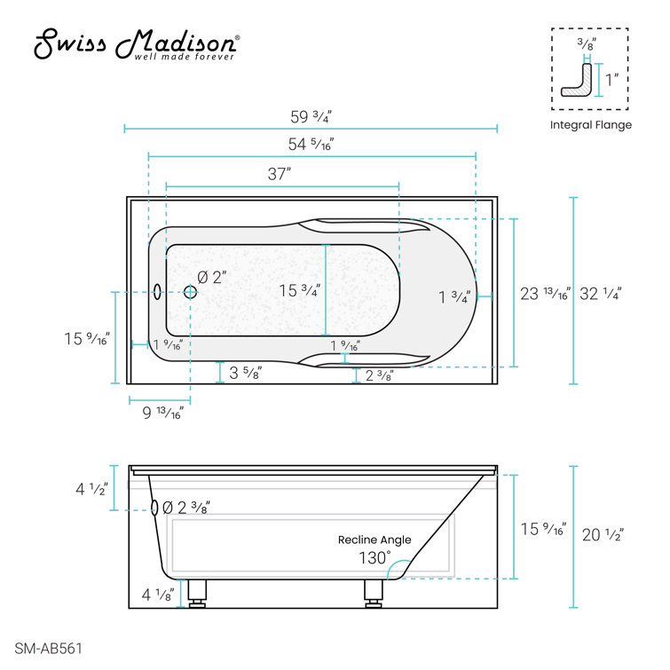 Concorde 60" White Acrylic Alcove Apron Bathtub