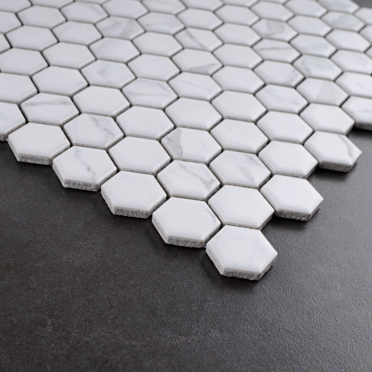 White Hexagon Porcelain Mosaic Tile with Marble Look