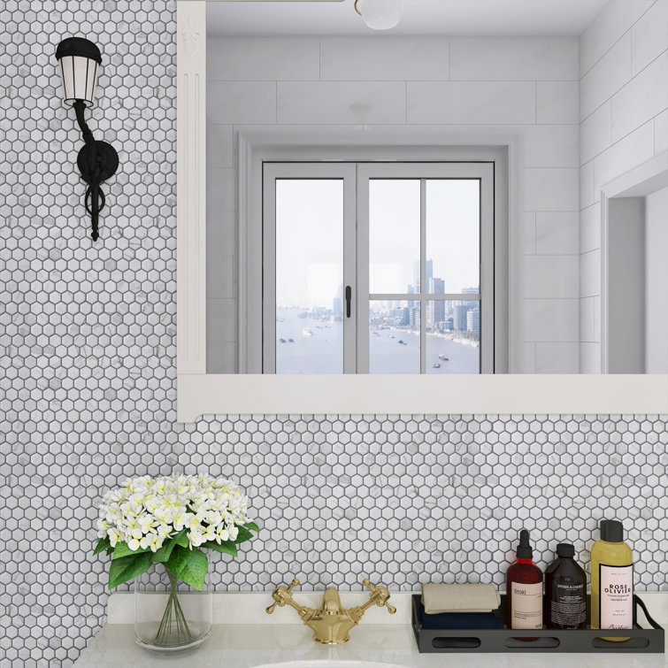 White Hexagon Porcelain Mosaic Tile with Marble Look