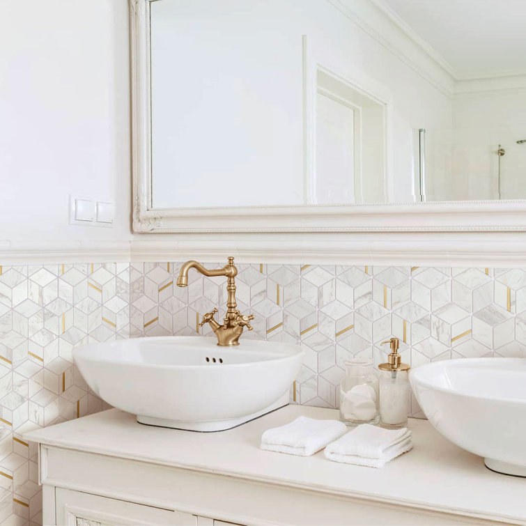 White and Gold Geometric Polished Marble Mosaic Wall Tile