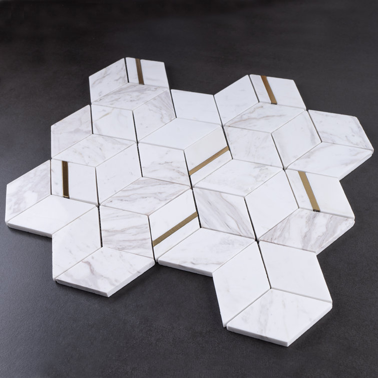 White and Gold Geometric Polished Marble Mosaic Wall Tile