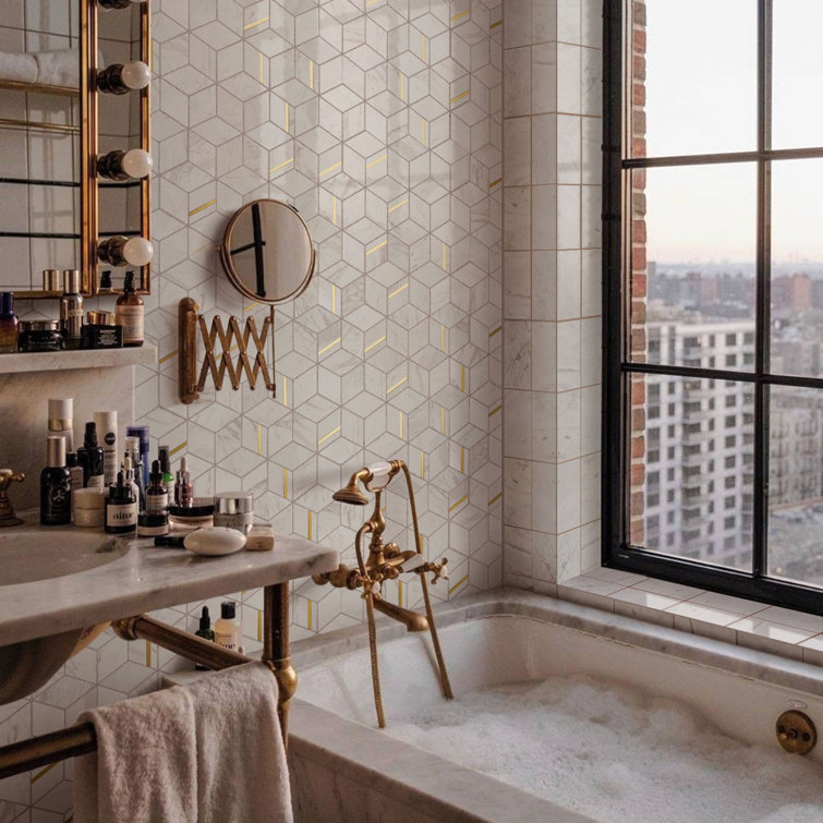 White and Gold Geometric Polished Marble Mosaic Wall Tile