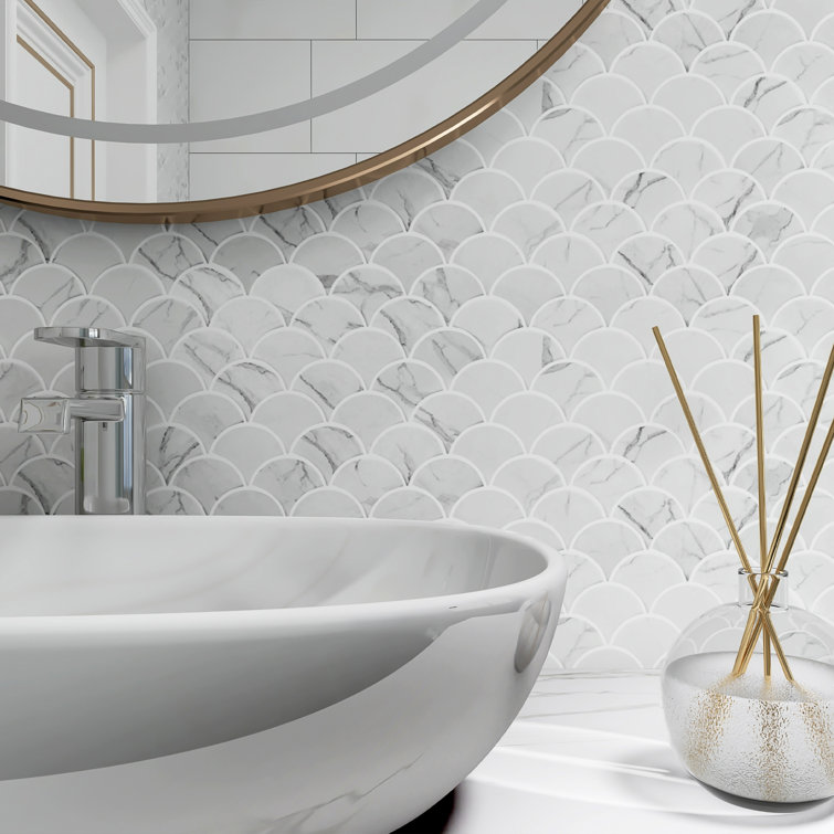 White and Gray Porcelain Fish Scale Mosaic Tile