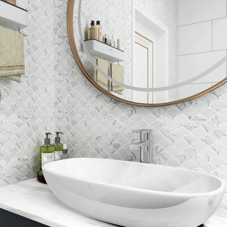 White and Gray Porcelain Fish Scale Mosaic Tile
