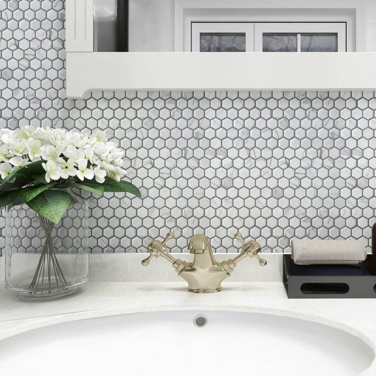 White Hexagon Porcelain Mosaic Tile with Marble Look