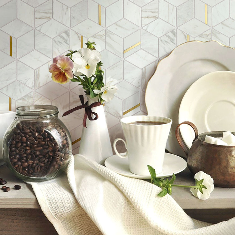 White and Gold Geometric Polished Marble Mosaic Wall Tile