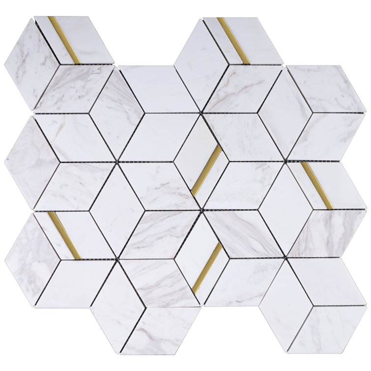 White and Gold Geometric Polished Marble Mosaic Wall Tile