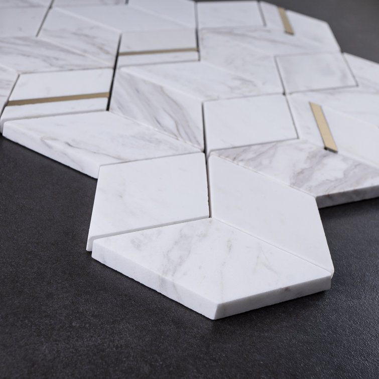 White and Gold Geometric Polished Marble Mosaic Wall Tile