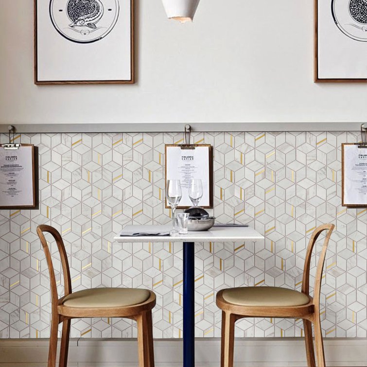 White and Gold Geometric Polished Marble Mosaic Wall Tile
