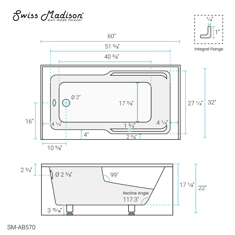 Claire 60" White Acrylic Alcove Bathtub with Corner Apron