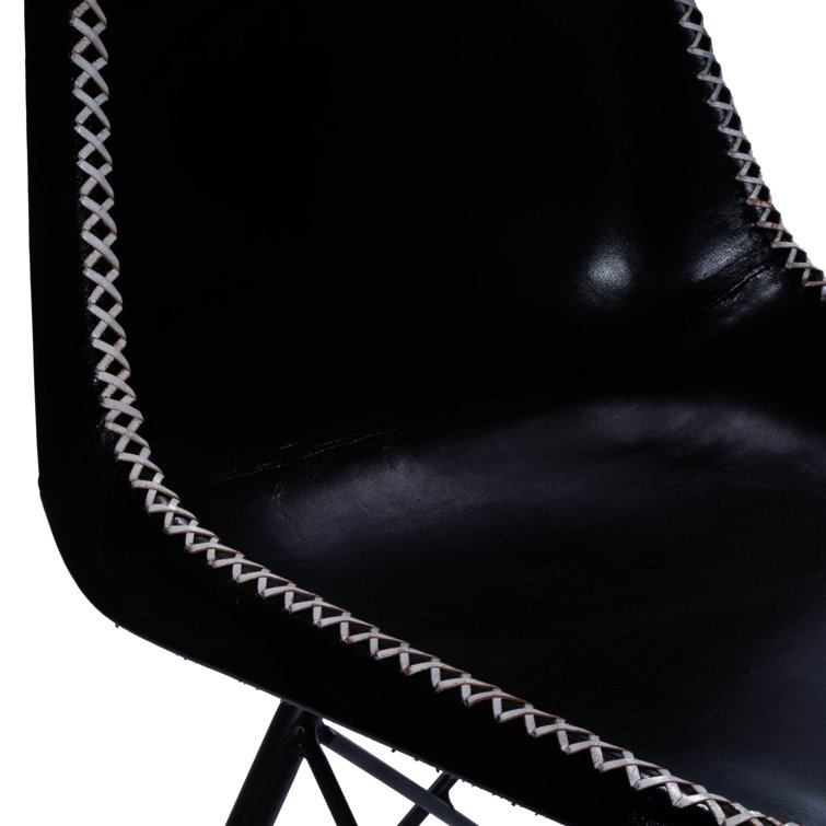 Mid-Century Modern Black Leather and Iron Side Chair