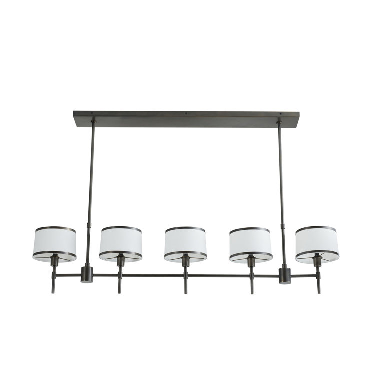 Luciano Handmade Bronze Steel 5-Light Linear Chandelier with White Linen Shades