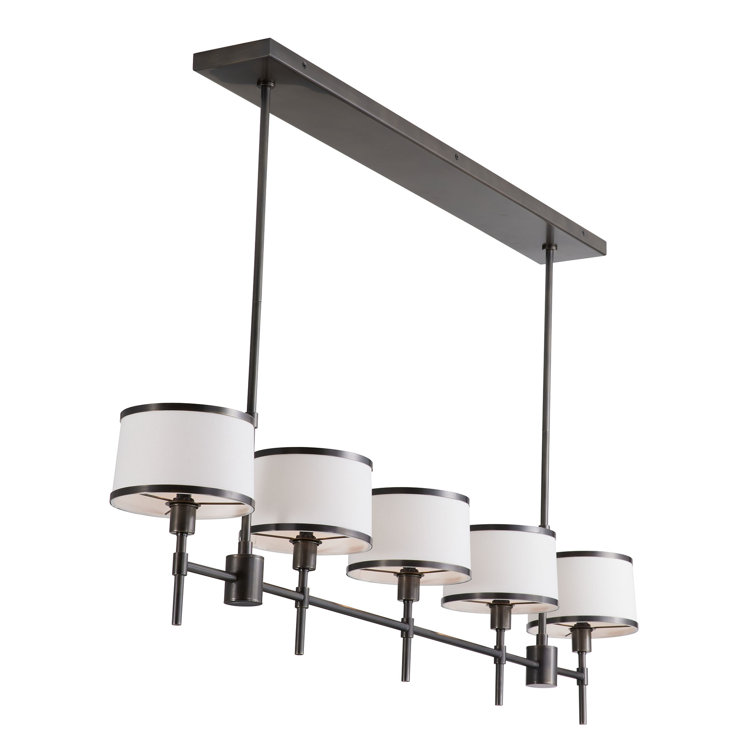 Luciano Handmade Bronze Steel 5-Light Linear Chandelier with White Linen Shades