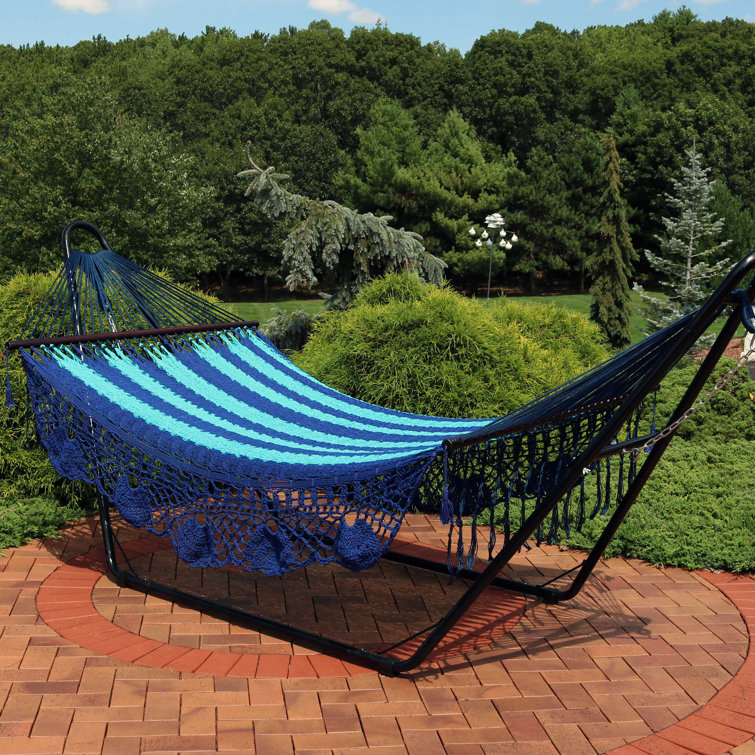 Blue Handwoven Cotton 2-Person Hammock with Spreader Bars