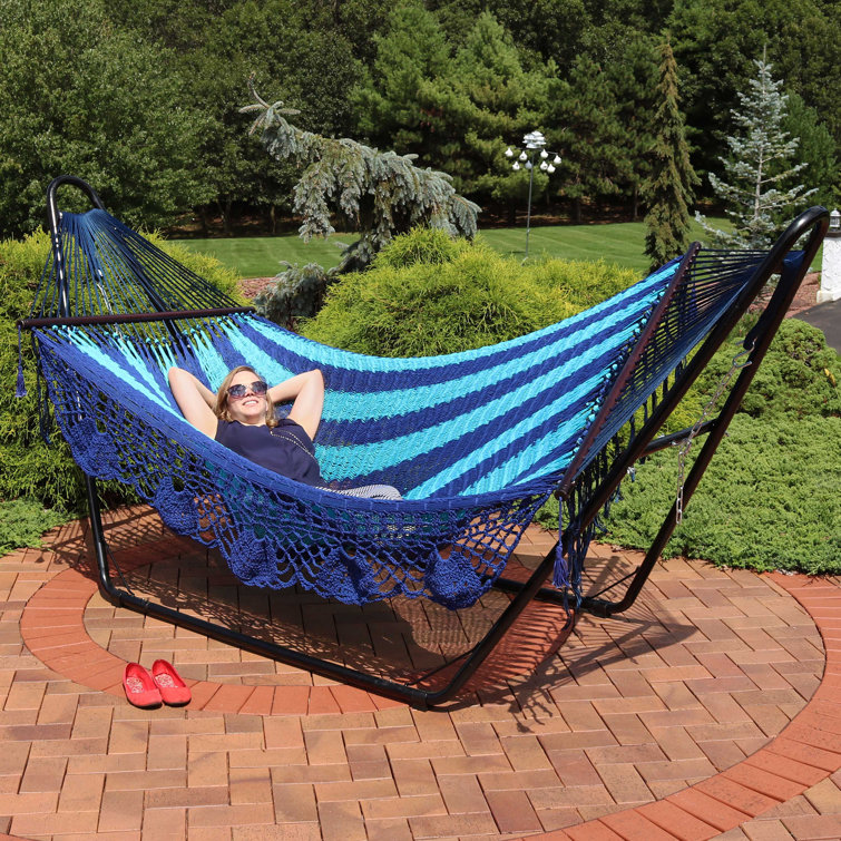 Blue Handwoven Cotton 2-Person Hammock with Spreader Bars